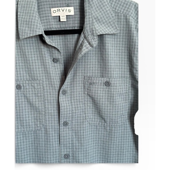 Orvis Short Sleeve Tech Shirt 2-pocketCollared Gray Subtle Checks Men's Size Med - Picture 2 of 5